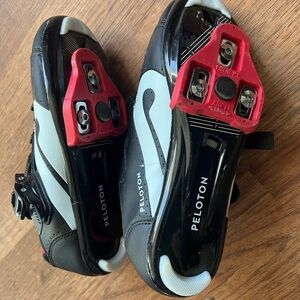Peloton Black and White Cycling Shoes with Red Cleats